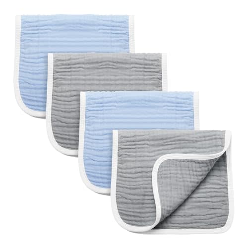 Synrroe Burp Cloths Large, Muslin Burp Cloths for Baby Girls and Boys, Pack of 4 Extra Absorbent and Soft Muslin, 6 Layers 20 by 10 Inches 100% Cotton (Blue-Grey 4 Pack)
