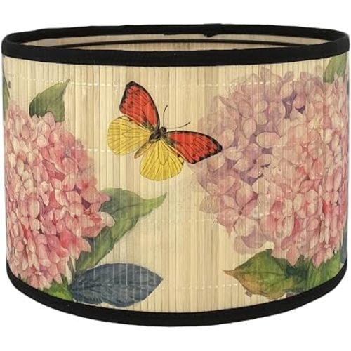Vintage Bamboo Drum Lamp Shade with Decorative Pattern, 11.8" Diameter x 7.9" Height, Classic Style, for Table Lamp, Easy Installation (Butterfly B)
