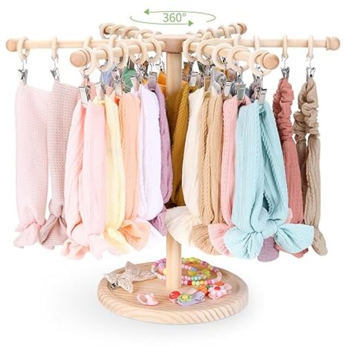 POVETIRE Headband Holder Stand Storage for Baby, 3 Tier Wooden Bow Organizer for Girls Hair Bows, Infant Hair Accessories Rack Display for Nursery Decor