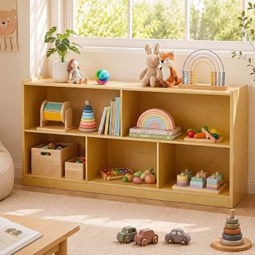 Montessori Shelf, Wooden Toy Storage Organizer with 2-Tier Shelf & 5-Section Storage Cabinet, Kids Bookshelf/Bookcase for Toddler Playroom, Nursery, Classroom(Natural)