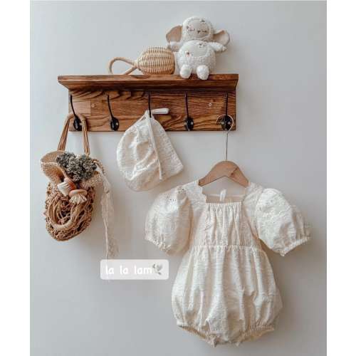Handmade Eyelet Lace Baby Romper Set with Bonnet: Vintage Style Cotton Outfit