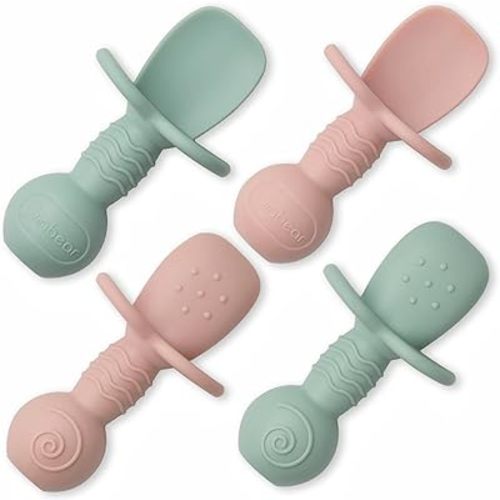 Ginbear Platinum Silicone Baby Spoons Self Feeding 6 Months First Stage, Non Toxic Infants Led Weaning Utensils for Training, BLW Supplies Pack of 4 (Hazy Green/Pink)