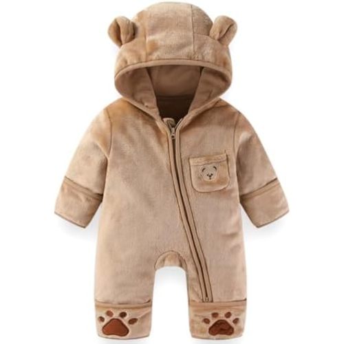 Fairy Baby Newborn Baby Bear Outfit With Fold-Over Mittens Footies Thin Fleece Romper Hooded Jumpsuit Winter Coat Girls Boys
