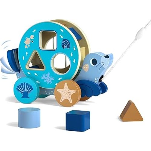 LOVELAND Wooden Seal Pull Along Toy, 3-in-1 Interactive Walker for Toddlers 1-3 with Rattle Ball & Shape Sorter, STEM Educational Push Pull Walking & Crawling Toy for Baby Boy Girl Birthday Gifts