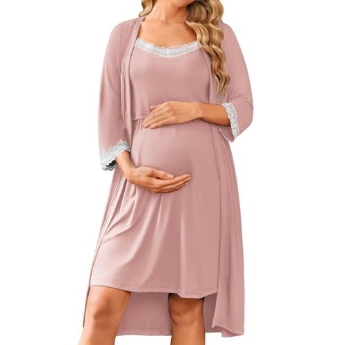 Ekouaer Women Lace Maternity Nursing Gown and 3/4 Sleeve Robe Set Double Layer Breastfeeding Nightgown Slip Dress & Bathrobe