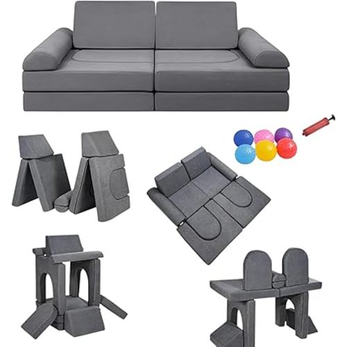 10 PCS Modular Kids Play Couch with 6 Inflatable Balls – Convertible Foam and Floor Cushion Sofa for Boys and Girls, Perfect Play Couch for Toddlers, Playrooms or Bedrooms (Grey)