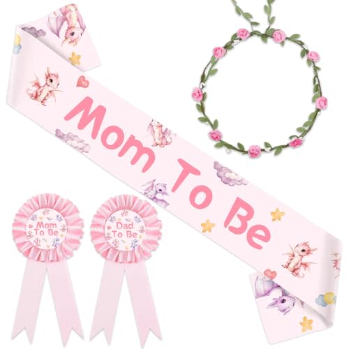 Dragon Baby Shower Decorations, Pink Mom to Be Sash Mom and Dad to Be Tinplate Badge Pins Flower Wreath Headband, Pregnancy Sets Photo Prop Supplies