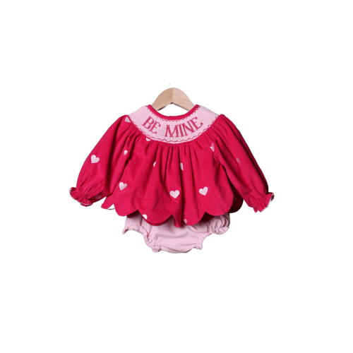Smocked Be Mine Hot Pink Corduroy Embroidered Heart Bloomer Set