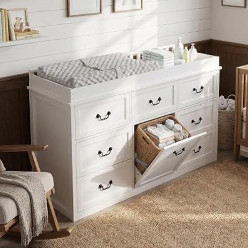 Nursery Dresser with Changing Table Top, 58.7"W Baby Dresser with 7 Drawers, Laundry Basket & Raised Guard, Infant Diaper Changing Storage Organize Station for Nursery and Baby Bedroom, White