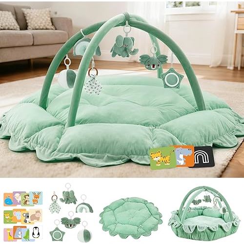 5-in-1 Baby Activity Gym & Play Mat with 6 Hanging Toys, Tummy Time Mat & Cards - Extra Large, Reversible Machine Washable Pad - Gift for Newborns, Infants 0-12 Months, Sage Green