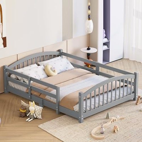 Full Montessori Floor Bed with Safety Guardrails, Solid Wood Kids Floor Bed Full Size with Slats, Low Profile Montessori Bed for Baby Girls Boys, No Box Spring Needed,Grey