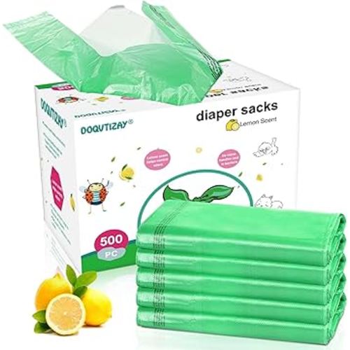 Baby Disposable Diaper Bags 500 Count Easy-To-Tie Diaper Sacks Enhanced Odor Control with Lemon Scent for Diaper Disposal or Pet Waste