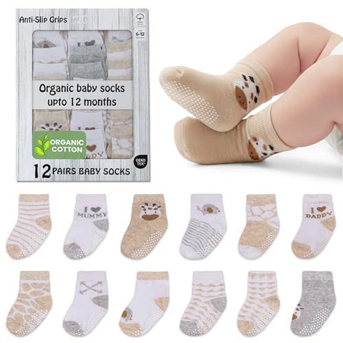 Mother's Choice Organic Cotton Baby Socks 6-12 Months, 12 Pairs Unisex Anti Slip - Soft & Hypoallergenic Baby Girl & Boys Socks (US, Age, 6 Months, 12 Months, Brown)