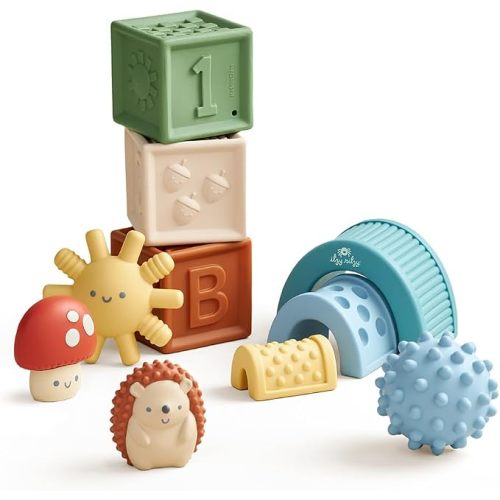 Itzy Ritzy Sensory Blocks Set, Baby Building Blocks 10-Piece, 0+ Months | Soft Baby Building Blocks w/ Textured Characters Encourage Sensory Play, Stacking, Grasping & Early Motor Skills Development