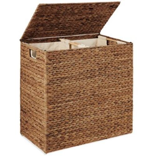 Best Choice Products Large Natural Water Hyacinth Double Laundry Hamper Basket w/ 2 Liner Bags, Handles - Chestnut