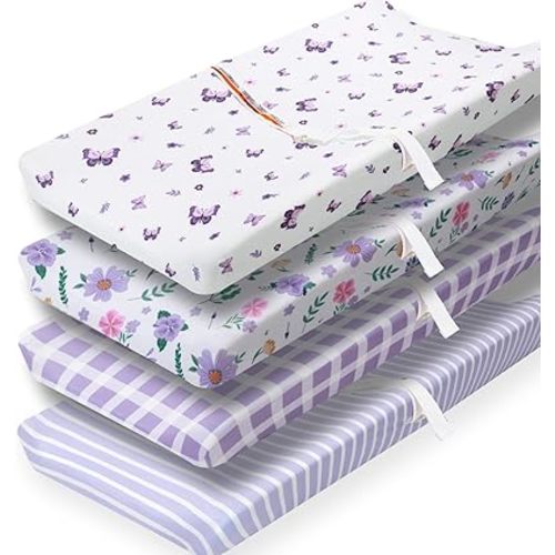 4 Pack Butterfly Baby Crib Sheets for Baby Girls Purple Crib Fitted Sheets for Standard Size Crib and Toddler Mattress Soft and Breathable (Changing Pad)