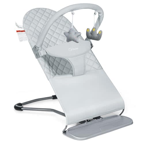 Orzbow Portable Baby Bouncer, Foldable Baby Bouncer Seat with Removable Play Bar, 3 Recline Positions, Infant, 0-12 Months Up to 20 lbs, Ergonomic Design, Easy to Assembly, Grey