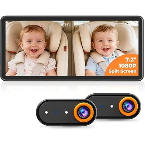 BM5PRO 7.2" 1080P HD Baby Car Camera for 2 Kids, Split Screen with IR Night Vision, Easy to Install & Adjust Brightness, Dual Car Camera Baby Monitor for Rear Seat Safety