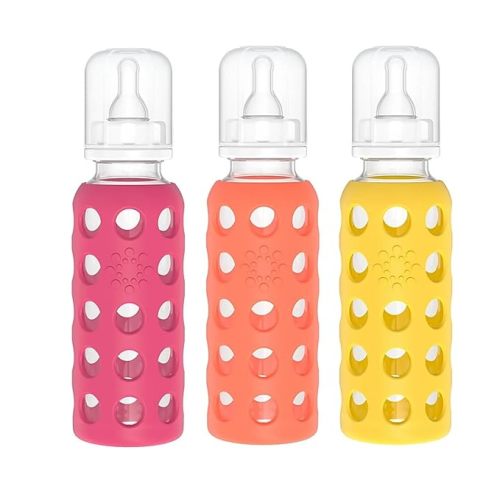 Lifefactory Glass Baby Bottle BPA Free | Protective Silicone Sleeve | 9 oz Pack of 3 | Raspberry, Papaya, Mango