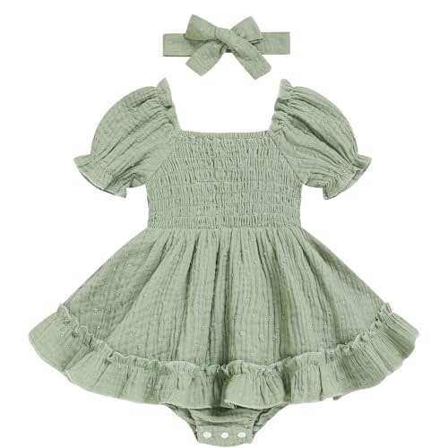 GRNSHTS Baby Girl Romper Dress, Puff Sleeve Smocked Outfit with Headband for Infants Soft Cotton Photo Shoot