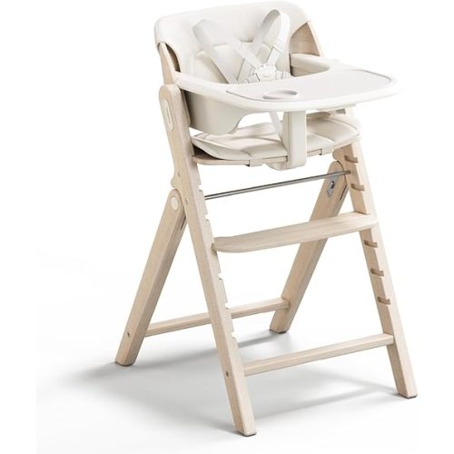 MAMAZING GrowPod Pro Wooden High Chair, Adjustable Grow-with-Me Baby High Chair with Dual Tray, Easy-Clean Surface, Compact Foldable Design, Included Detachable Guard & PU Cushion (Washed White)