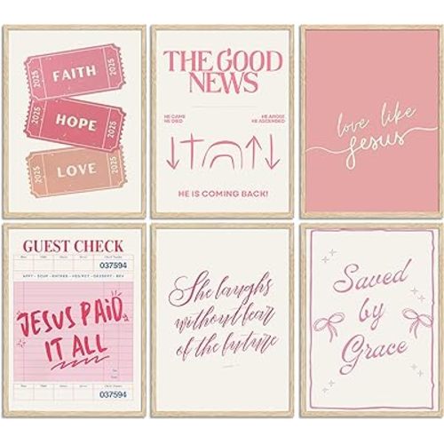 6pcs Pink Christian Bible Wall Art Religious Preppy Painting Picture Wall Decor Pink Christian Encouragement Poster Print Artwork for Bedroom Living Room Office Dorm Room Decoration Unframed
