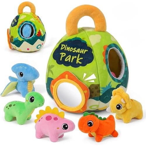 Dinosaur Plush Baby Toys 6-12 Months, Stuffed Animal Sensory Toys for Toddlers with Crinkle Rattle Squeak & Mirror, Newborn Boys Girls Infant 0-3-6-12 Month Shower Birthday Gifts