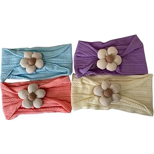 Baby Girl Headbands with Flower, Soft Nylon Stretchy Knot Head Wraps, 4 Pieces, 4 Spring Colors, Newborn Infant Toddler
