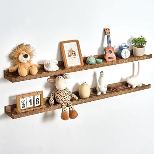 Fun Memories Picture Ledge Shelf for Wall, 48 inch Pine Wood Nursery Book Shelves Set of 2- Wall Book Shelves for Kids Room, Home Decor - Kitchen Spice-Carbonized
