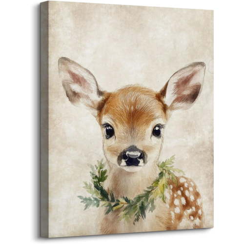 Aaheei Cute Deer Baby Wall Art for Baby Nursery Décor Retro Sika Deer Wearing Wreath Picture Painting Wild Animal Portrait Artwork for Kids Bedroom Bathroom Farmhouse Home Office Decoration