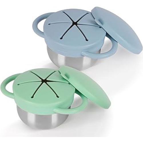 2 Pack 304 Stainless Steel Snack Cups for Toddlers, Toddler Snack Containers with Spill-Proof Silicone Travel Lid & Handle, Dishwasher Safe, Removable Snack Cup for Baby, Toddler, Kids