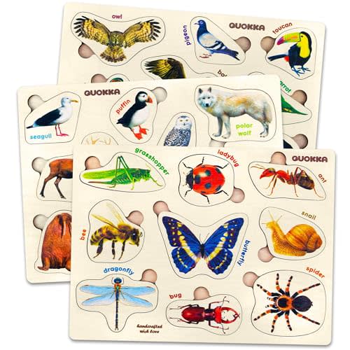 QUOKKA Wooden Puzzles for Toddlers 1-3  3xSET Kids Puzzles Ages 2-4  Montessori Toy Puzzle for Toddlers 3-5  Wood Toy Learning Realistic Insects - Arctic Animals - Birds for Boy and Girl