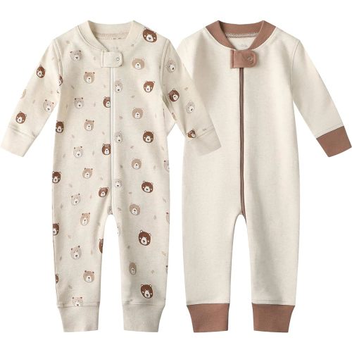 Owlivia Organic Cotton Baby Boy Girl Zip up Sleep N Play, Footless, Long Sleeve(0-3 Months, Mini Bears&Beige)