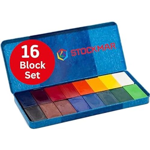 STOCKMAR Wax Block Crayons, 16 Assorted Colors in Tin Case – Beeswax-Based Art Crayons with Lightfast Pigments, Durable Blocks for Artistic Techniques, Drawing, Coloring, Layering - Artist Supplies