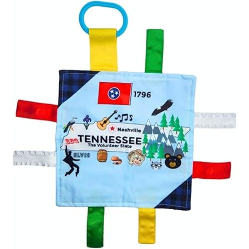 Baby Jack & Co 8x8” Learning Lovey Tennessee State Tag Stroller Toy for Babies - Crinkle Toys for Developing Five Senses - Learn About Capitals - Travel with Baby Jack - BPA Free Clip