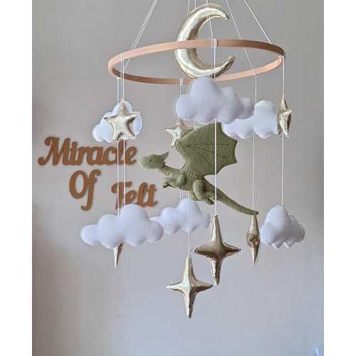 Green Felt Dragon Baby Crib Mobile: Fantasy Nursery Hanging Decor Moon Stars