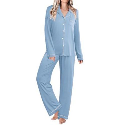 Ekouaer Pajamas Women' Long Sleeve Sleepwear Soft Button Down Loungewear Pjs Lounge Set Nightwear Light Blue L