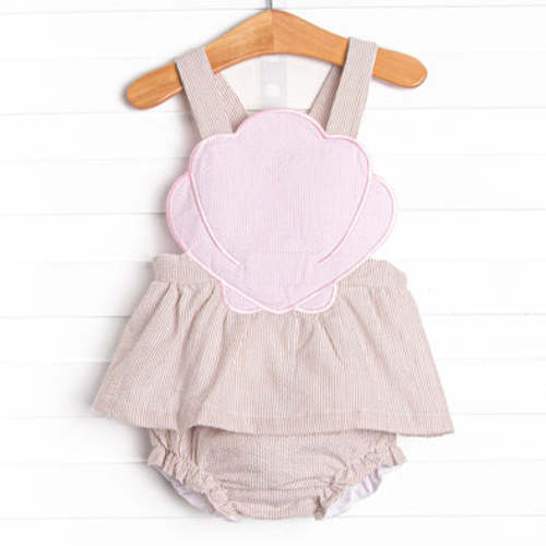 Shelley's Seashells Applique Diaper Set, Tan Seersucker – Stitchy Fish