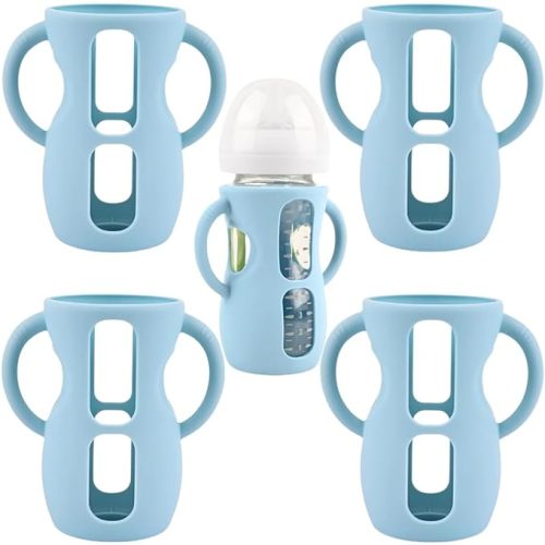 4 Pack Silicone Sleeves for Avent Natural Glass Baby Bottles, Silicone and Easy-Grip Handles for Drop Protection, Compatible with Philips Avent 4/8 OZ Glass Bottle (Light Blue, 8 OZ)