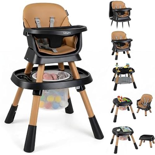 BABY JOY 16 in 1 High Chair, Convertible Baby Highchair for Babies and Toddlers with Activity Center, Booster Seat, Building Block Table, Toddler Chair with Safety Harness, Removable Tray (Coffee)