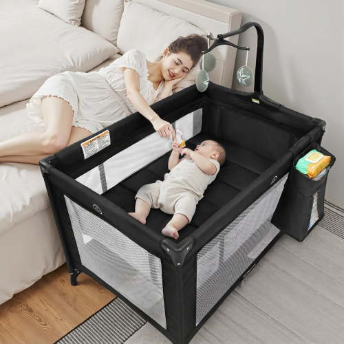 Vomeast Baby Playard Baby Bassinet,Foldable Crib Pack and Play with Toy Bar,Play Yard,0-5 Months(Black)
