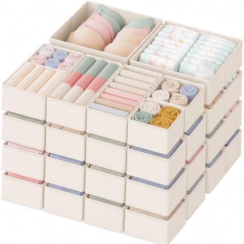 Drawer Organizer Clothes, 24 Pack Dresser Organizer for Baby Clothes, Underwear, Sock- Foldable Closet Organization and Storage Dividers Bins for Nursery, Bedroom and Dorm (Beige)