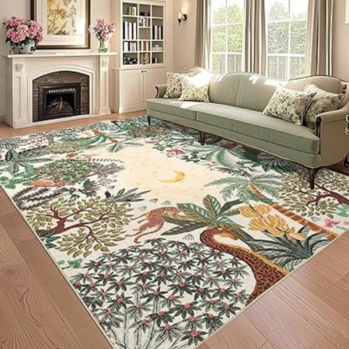 GarveeHome 6x9 Area Rug Jungle Beige Washable Rugs for Living Room Bedroom, Soft Low Pile Non Slip Accent Floor Mat Animal Print Tiger Throw Rug Indoor Carpet Dining Room Playroom