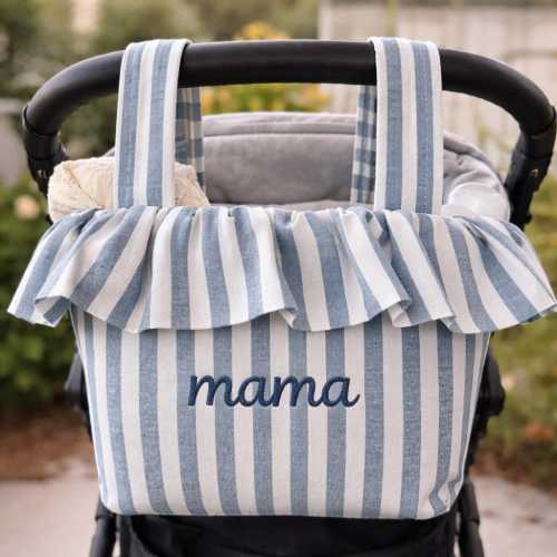 Personalized Ruffle Stroller Caddy Bag | Baby Shower Gift | Mom Tote Organizer | Blue Stipe Stroller Bag