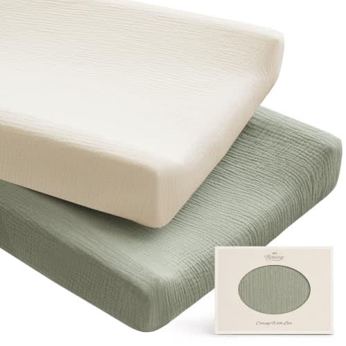 Konssy 100% Cotton Muslin Changing Pad Cover 2 Pack, 32"x16" Standard Fit | Ultra Soft & Breathable, Diaper Changing Table Sheets, Neutral Nursery Design, for Baby Boys Girls (Fog Green,Cream)