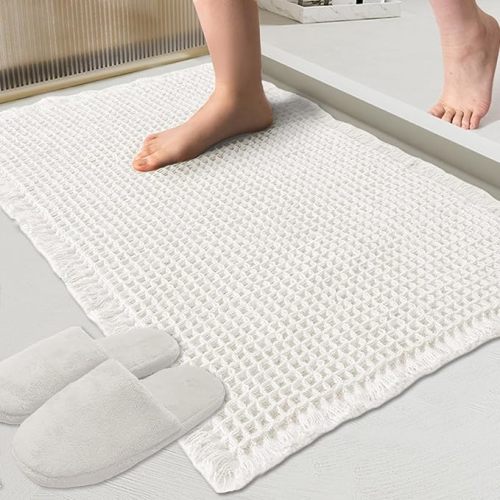 ZALL Waffle Bath Mat White Super Absorbent Non Slip Bathroom Rug 17x24inch,Machine Washable Ultra Soft Floor Mats