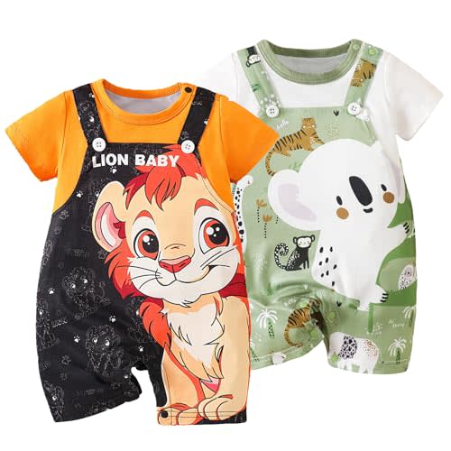 2-Pack Baby Boys Girls Romper Newborn Cartoon Koala Lion Print Short Sleeve Onesie Summer Clothes