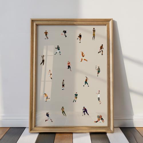 Tiny Male Sports Players Print | Retro Minimalist People Art Gift for Baseball Dad Grandpa Vertical Office Decor Printable Digital Download