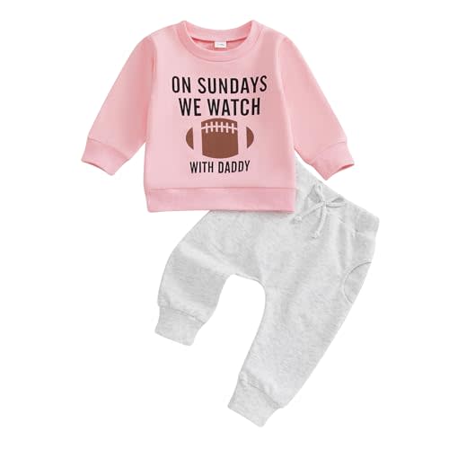 Karuedoo Toddler Baby Boy Girl Football Outfit On Sundays We Watch Football with Daddy Sweatshirt and Pants Set Fall Outfits