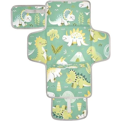Cute Dinosaurs Portable Diaper Changing Pad - Waterproof Foldable Baby Diaper Changing Pad with Built-in Pillow, Travel Diaper Changing Mat for Newborn Baby